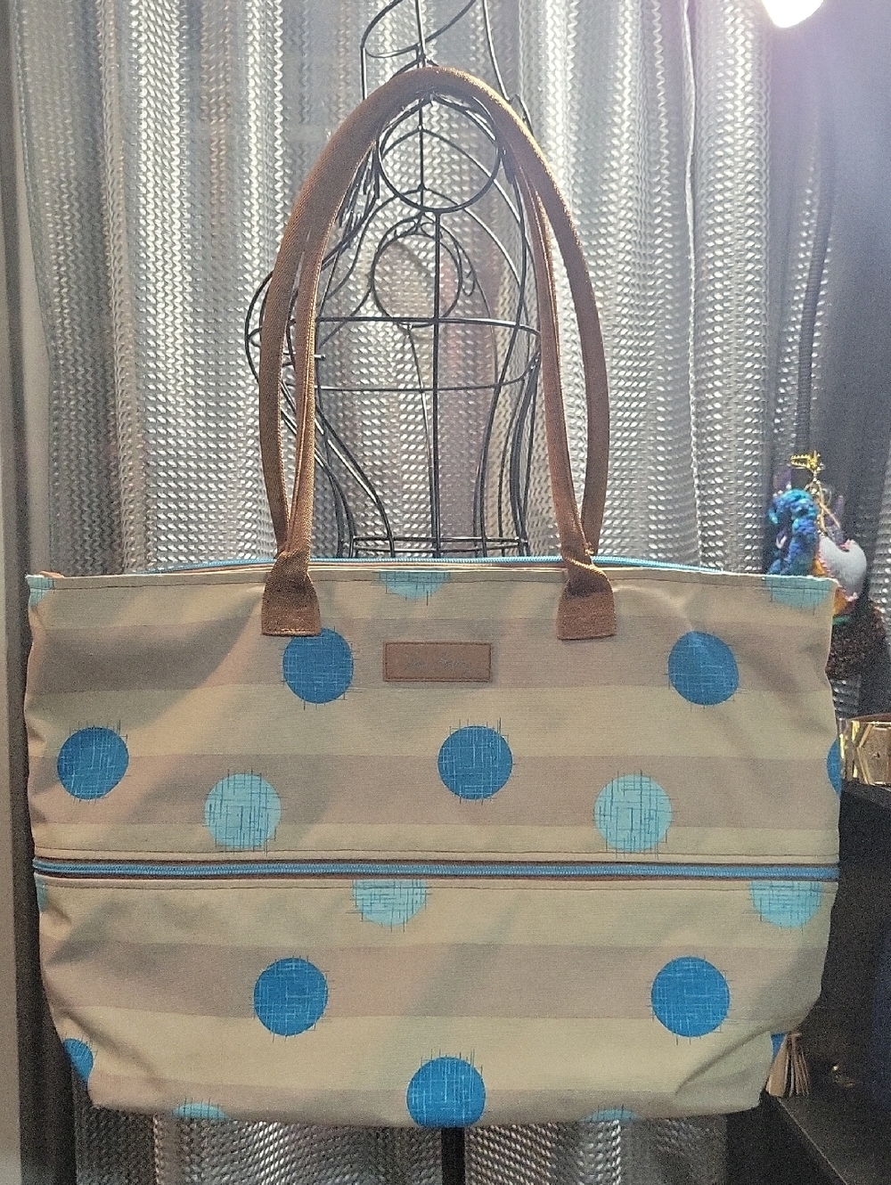 Vera Bradley Expandable Beige and Blue Polka Dot Tote with Brown Handles